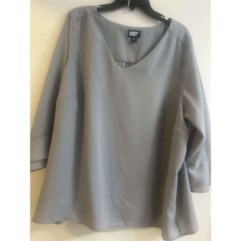 Lands' End Women's Gray Blouse Ruffled 3/4 Inch V Necked Sleeves Size 22 W